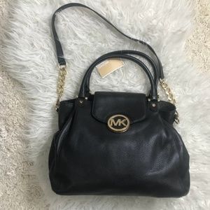 MICHAEL Michael Kors Black Leather Satchel with Gold Hardware